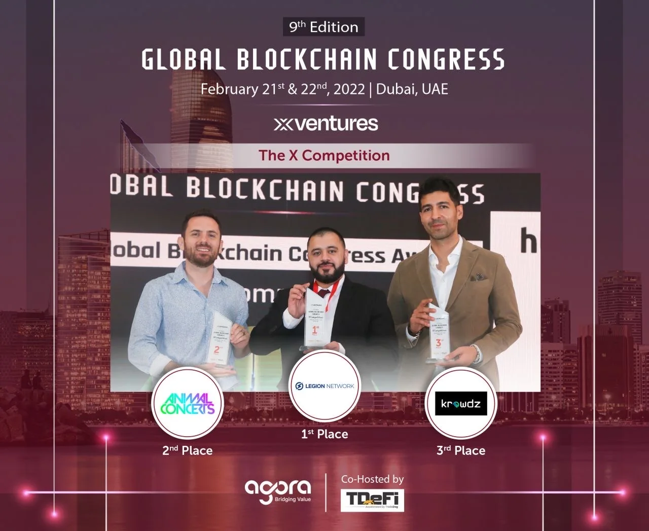 Athar Jameel Ahmed receiving first place at the Global Blockchain Congress X-Competition in Dubai