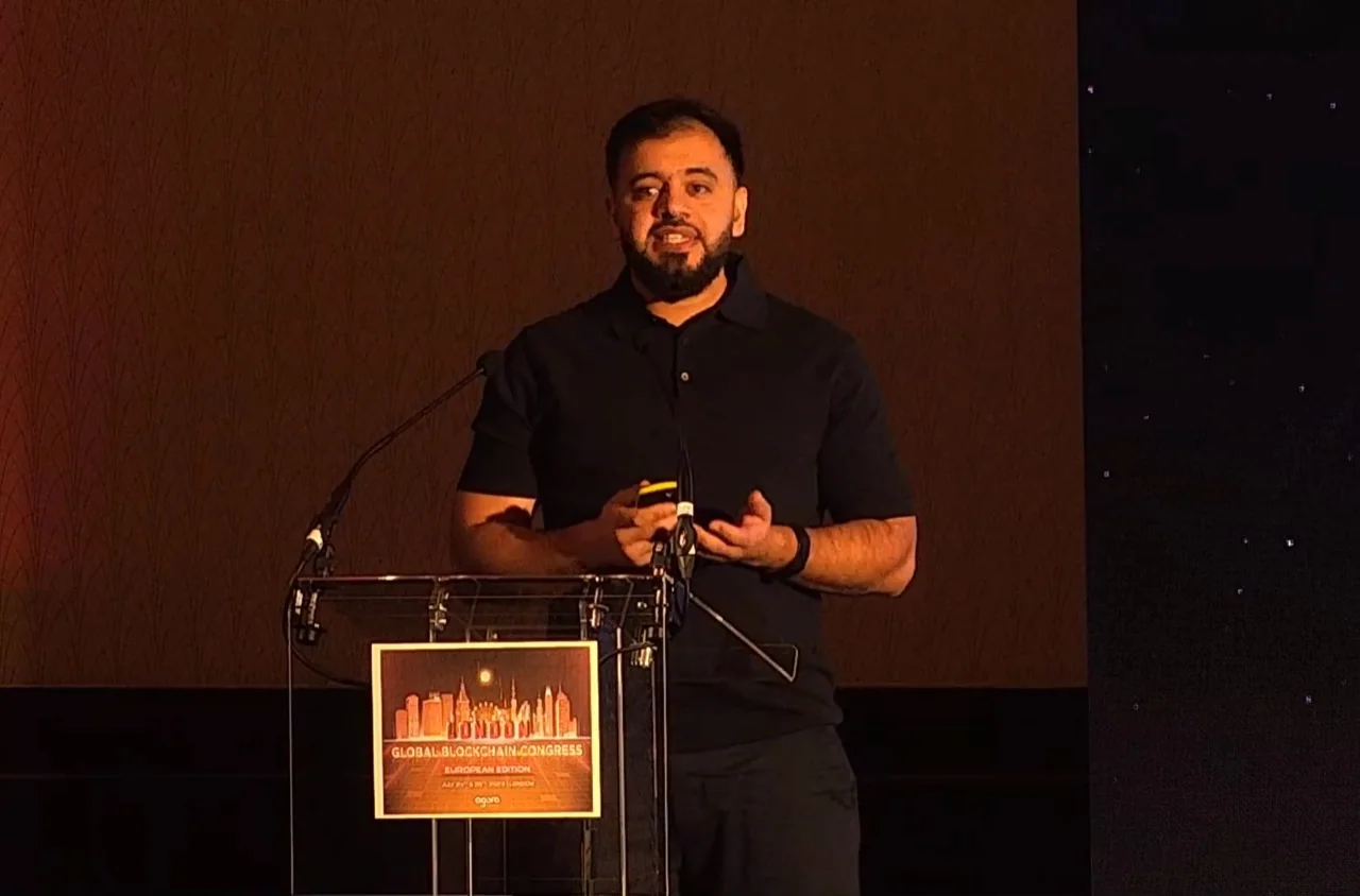 Athar Jameel Ahmed speaking at the Global Blockchain Congress in London