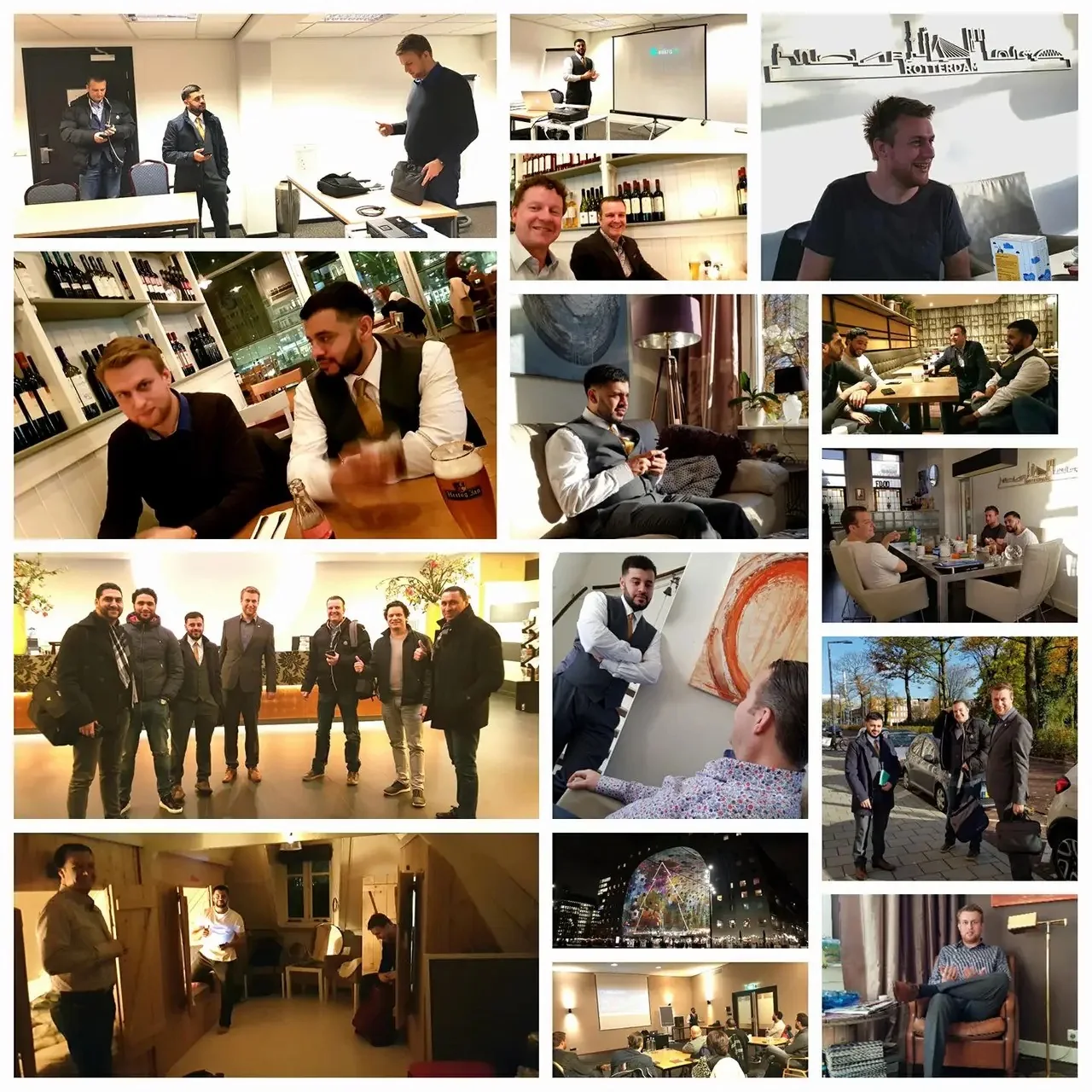 A collage of Athar Jameel Ahmed working with teams across international markets